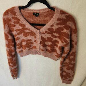 Girls Pink Art Class Pink w/ Brown Flowers Crop Cardigan Sweater Size L (10-12)